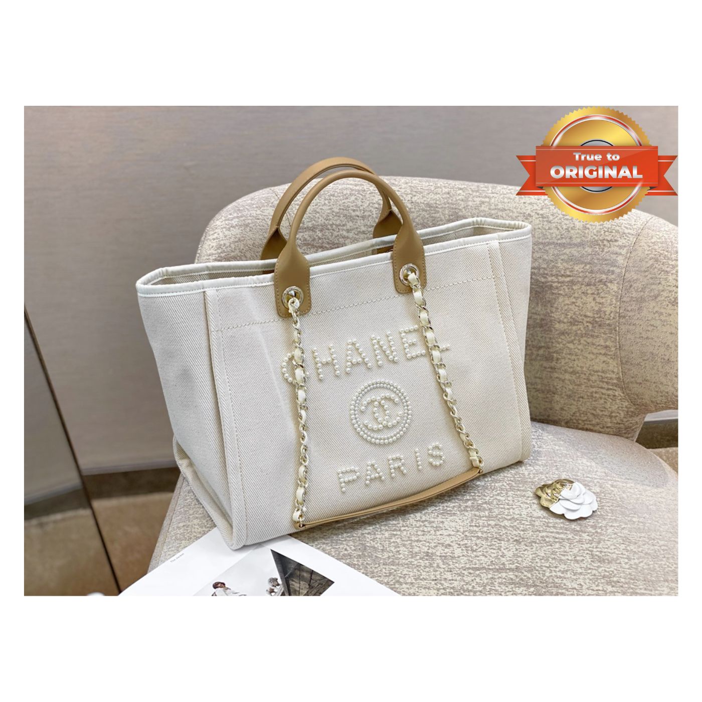 [True-to-ORIGINAL] Chanel Large Deauville Pearl Tote Bag White For Women 15in/38cm